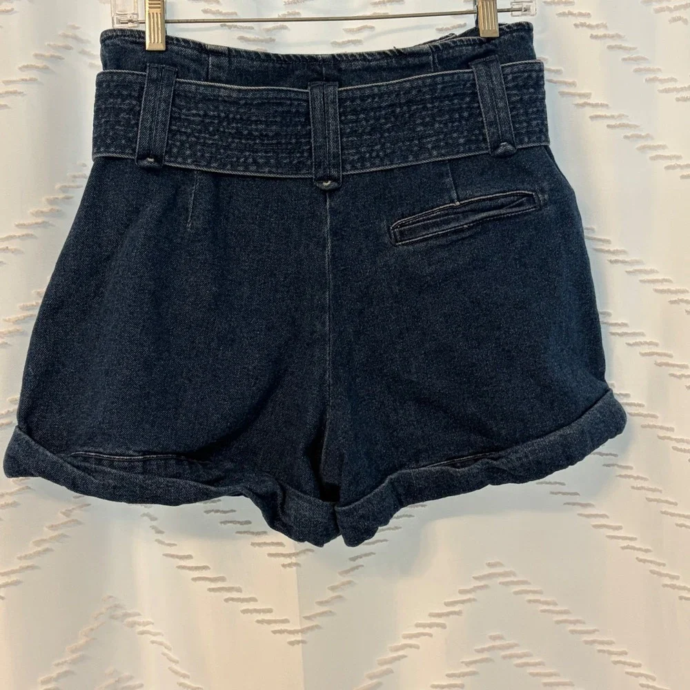 Sezane Rome Denim Shorts Dark Indigo High Waist Belted Paperbag Cuffed Blue 40